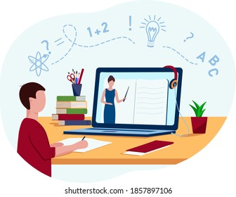  Ein Kind, ein Student lernt im Fernunterricht online. Lehrerunterricht online
