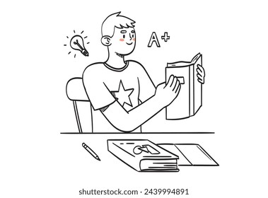 Child study line vector illustration. Cartoon isolated education scene with student, kid with happy cheerful face thinking, boy sitting at desk with books writing and reading, doing homework.