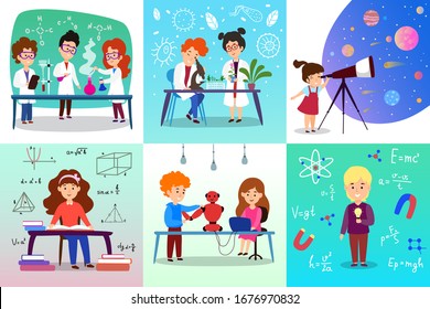 Child study sciences chemistry, biology, in school on vector hand drawn scientific illustration. Kids do scientific chemical experiments in lab, microscope, explore mathematics, robotics, physics.