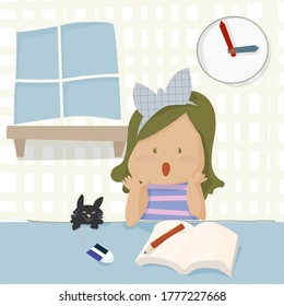 Un niño para estudiar con el gato en la casa