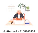 Child studying at home, doing difficult homework. Kid learning with book and laptop at desk, thinking. Worried school student failing with task. Flat vector illustration isolated on white background