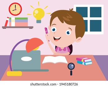 Child studying at home and having bright idea with laptop and books on table