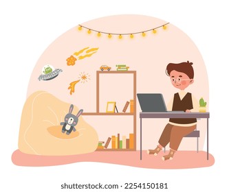 Child studying online. Boy sitting in childrens room with laptop. Distance education and training. Modern technologies and digital world. Quarantine and selfisolation. Cartoon flat vector illustration