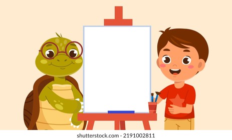 Child studying painting with teacher. Boy student of drawing school stands next to blank canvas and turtle professor. Characters start painting picture in lesson. Cartoon flat vector illustration