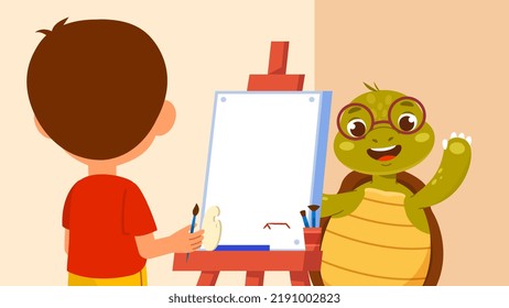 Child studying painting with teacher. Little creative boy paints beautiful picture on canvas together with professor turtle. Lesson at drawing school. Website design. Cartoon flat vector