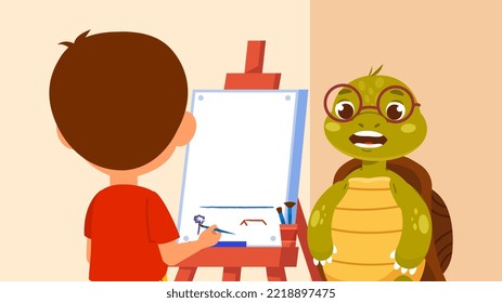 Child studying painting with teacher. Turtle teacher conducts lesson at drawing school. Preschooler with brush paints on canvas. Design element for social networks. Cartoon flat vector illustration