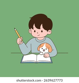 a child studying with a pencil in a notebook. minimal line illustration.