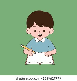 a child studying with a pencil in a notebook. minimal line illustration.
