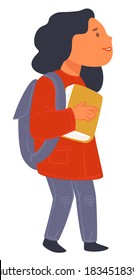 Niños que estudian en la escuela o la universidad, personajes femeninos aislados que sostienen libros y usan bolsitas. Perfil de alumna, niña con cuaderno y libro de texto. Obtención del vector del conocimiento en estilo plano