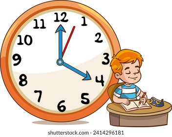 child studying.Daily routine with simple clocks.Vector set with kid. Funny cartoon character. Vector illustration