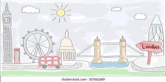 Child style colored sketch drawing London city in England and Double decker bus