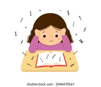 Child suffering with dyslexia and dyscalculia is having difficulty in reading a book. Stressed girl doing hard homework. Dyslexia disorder concept. Vector illustration isolated on white background.