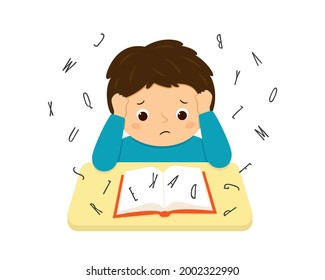 Child suffering with dyslexia is having difficulty in reading a book. Stressed little boy doing hard homework on the desk. Dyslexia disorder concept. Vector illustration isolated on white background.