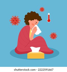 Child suffering from flu under blanket. Kid has fever and sneezing in handkerchief. Flu or cold allergy symptom cartoon. Influenza treatment concept vector illustration.