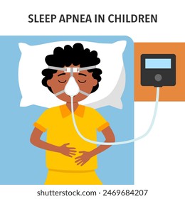 Child suffering from sleep apnea, using a CPAP machine.