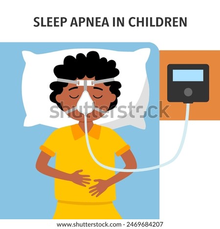 Child suffering from sleep apnea, using a CPAP machine.