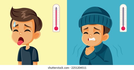 
Child Suffering in Winter and Summer from Cold or Heat. Stressed buy feeling too hot or freezing during extreme temperature seasons 
