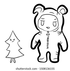 Child in a suit of a bear and Christmas tree. Party, holiday, New Year. Graphic arts