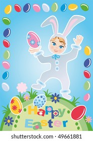 Child in the suit of the Easter rabbit with the eggs