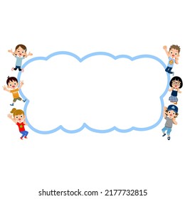 A child in summer clothes jumping around a cloud-shaped space