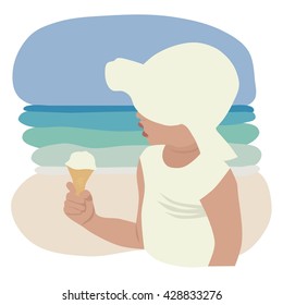Child in sunhat eating ice cream, vector