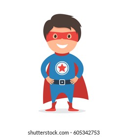 Child super hero costume. Funny little boy. Vector illustration in cartoon style isolated on white background