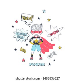 Child in superhero costume vector illustration. Smiling super boy standing in hero pose cartoon character. Childish cosplay, role playing. Kids birthday party, comic book banner concept with lettering