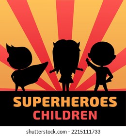 Child Superhero Silhouette, Brave Boy And Girl. Super Hero Recognition, People Family Day With Son And Daughter. Fantastic Justice Fighters In Capes Vector Poster Recent On Striped Background