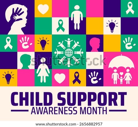 Child Support Awareness Month background or banner or poster design featuring bold purple text, ribbons, hearts, and symbolic icons promoting family welfare, parenting support, and children's rights.