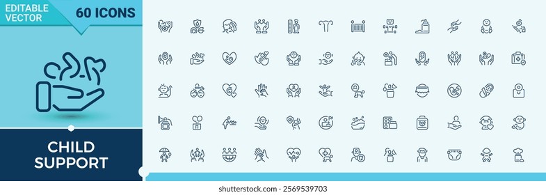 Child Support icon set. Contains such icons as newborn, toys, cute, care, monitor, horse and more. Icons for UI. Editable vector icon and illustration.