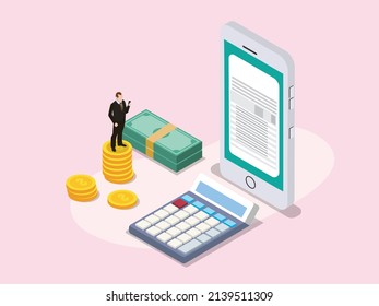 Child support vector concept. Businessman looking at child support form on the cellphone while standing on the pile of money