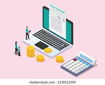 Child support vector concept. Young woman and her son looking at child support form on the laptop while standing with money