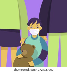 Child with surgical mask. Protection of children against coronavirus. Virus protection. Colorful portrait on purple background. Simple vector illustration.