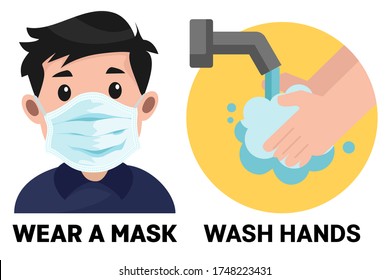 Child with surgical mask. Wash hands using sanitizer soap for prevent corona-virus vector illustration.
