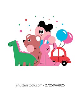 Un niño rodeado de muñecas. Muñecas de dinosaurio, osos de peluche, muñecas de conejo, coches de juguete, globos. Feliz momento de la infancia.