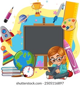 Child surrounded by educational tools and supplies