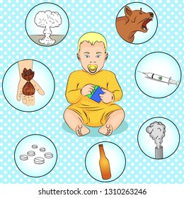 The child is surrounded by negative life factors. Pop art background. Imitation of comics style. Vector illustration.