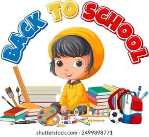 Child surrounded by school supplies and books