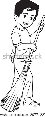 child sweeping  line vector illustration isolated on white background