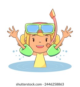 Child swim, inflatable armbands, play, water, cute girl, vector illustration