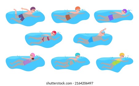 Child swimmers. Cartoon swimmer kid competition, swimming splashing pool water race, children preschool sport healthy swim arm exercise summer river, vector illustration. Swimmer sport characters
