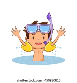 Child swimming, inflatable armbands, vector illustration