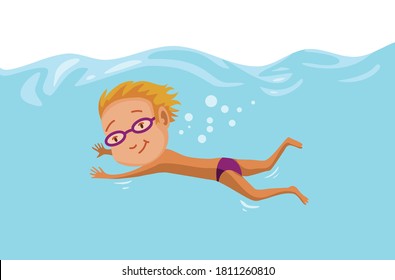 Child swimming in pool. Cheerful and active little boy swimming in pool. Boy in swimwear, swimming in a children's pool. Underwater view .