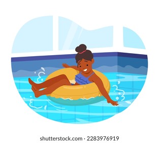 Child Swimming in Pool Float on Inflatable Ring. Little Girl Character Enjoying Cool Water, Scene Promoting Summertime Fun, Water Sports, Or Vacation-related Themes. Cartoon People Vector Illustration