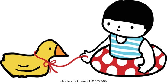 
Child with swimming ring and duck toy.
