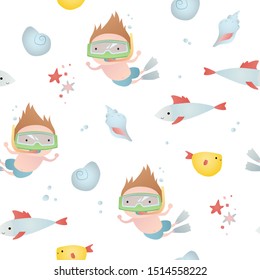  A child swimming in the sea with shells, fish and bubbles. Seamless pattern.
