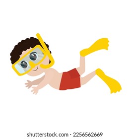 The child swims in shorts, fins and a mask for scuba diving. Illustration of a boy in cartoon style isolated on a white background. Children's activity underwater.