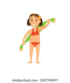 Child in swimsuit holding towel on back, portrait and full length view of smiling girl with flower in hair, brunette woman on summer vacation vector