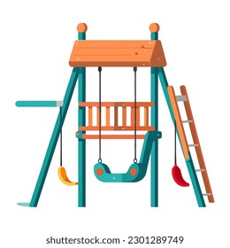 Child swings on multi colored playground equipment icon