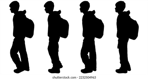 Child symbol. Silhouette of a child with a backpack. Set of boys going to elementary or middle school illustration. Happy pupils isolated on white. Collection of children with backpacks or bags.
